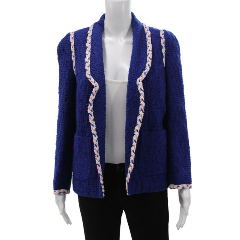 Edward Achour Womens Basic Tweed Jacket Blue Long Sleeve Classic Size 36